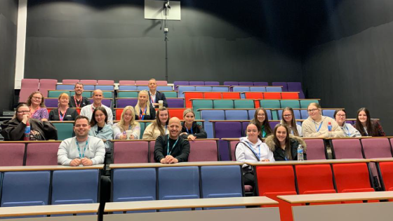 Health and Social Care students attending a guest speaker talk by St Helens and Knowsley NHS Trust staff.